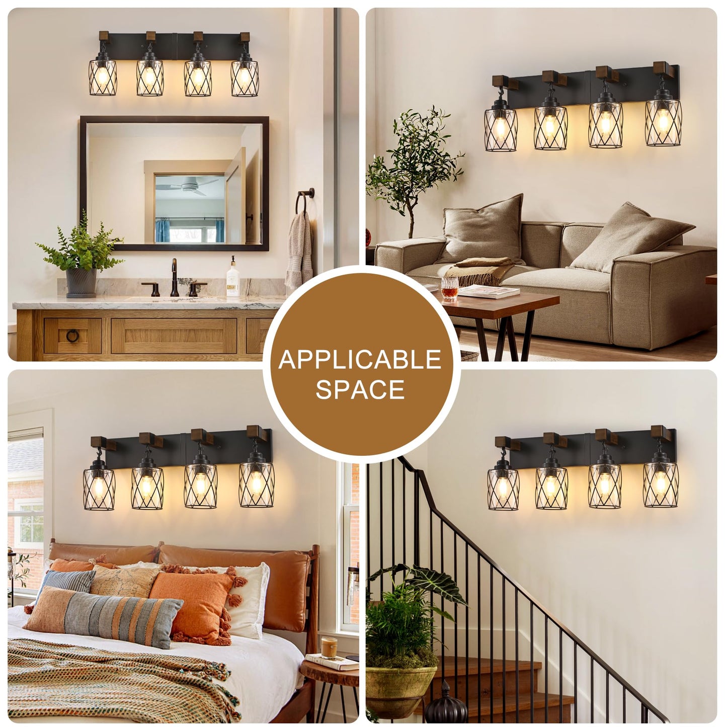 Farmhouse Bathroom Light Fixtures 4 Light Bathroom Vanity Light With Metal And Glass Lampshade Wood Rustic Lighting Fixtures Over Mirror Black Wall Sconces For Living Room Bedroom