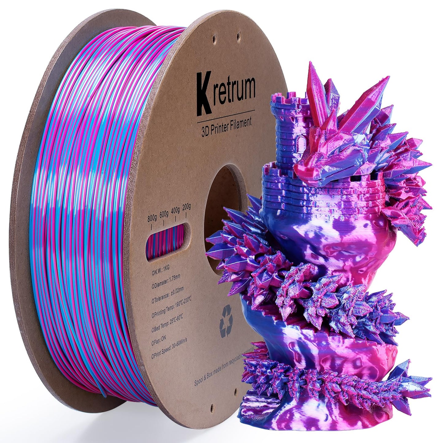Kretrum Dual Color Silk PLA 3D Printer Filament 1.75mm Silk PLA Color Changing 3D Printing Filament 1kg / 2.2lbs Purple & Blue