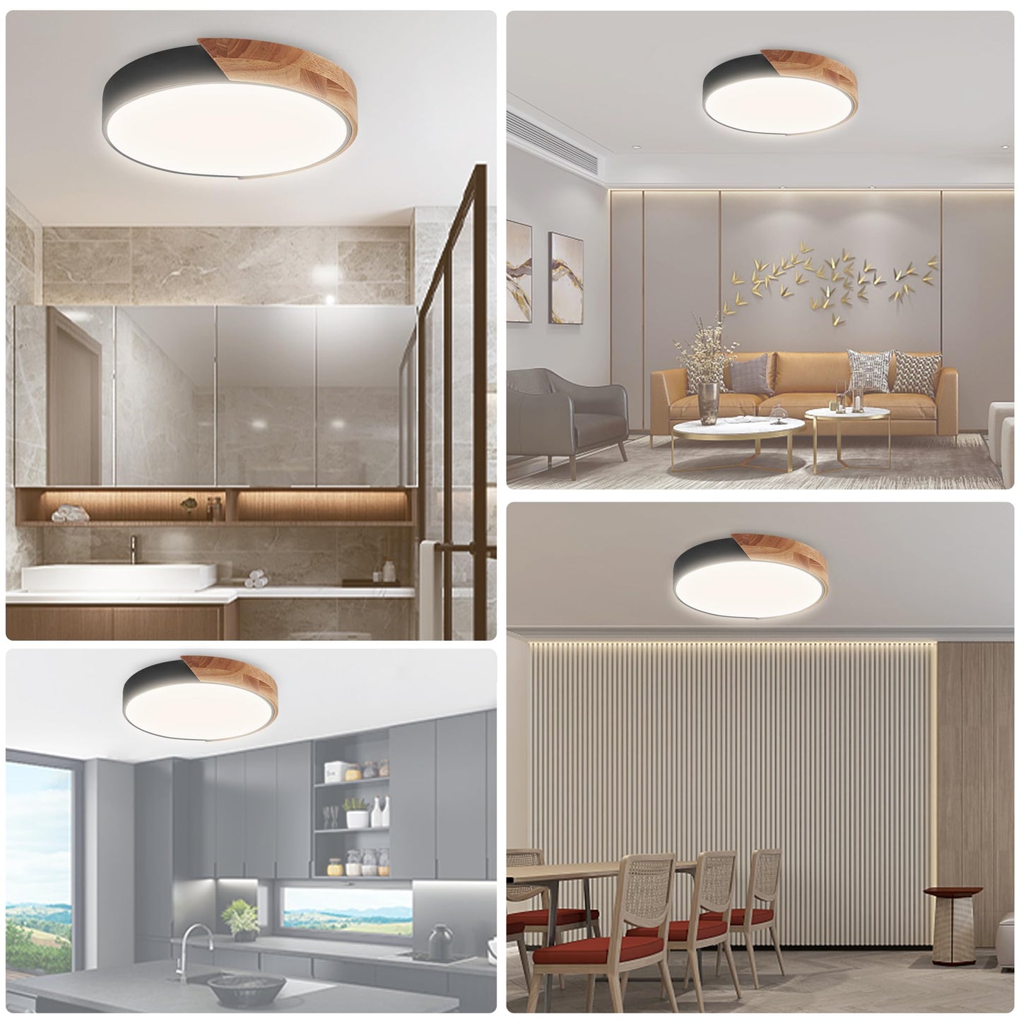 Wood Led Flush Mount Ceiling Light 3Cct 3000K-6500K Modern Black Close To Ceiling Lighting Fixtures Minimalist Round Ceiling Light For Bedroom Kitchen Hallway Laundry Room Not Dimmable
