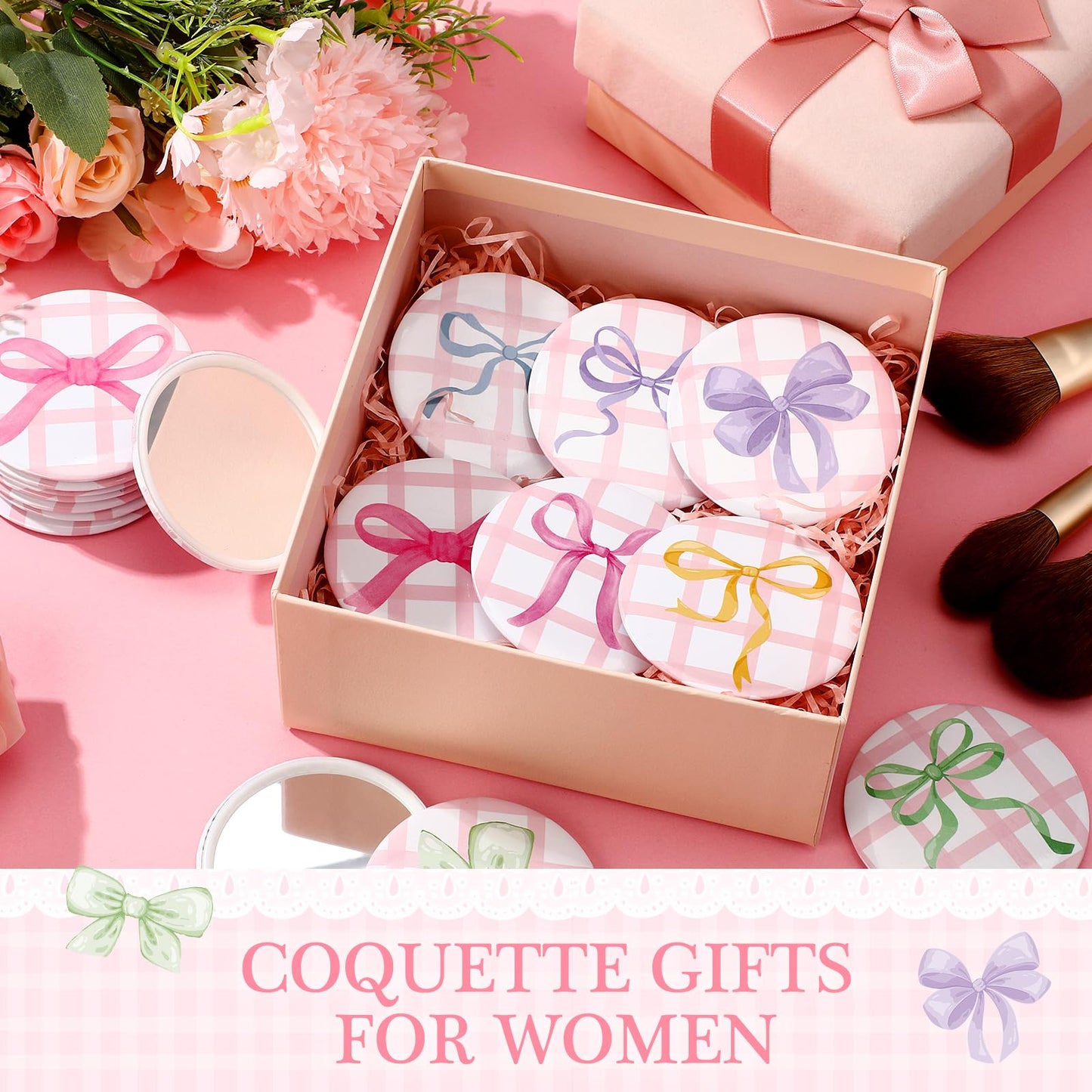 Cinnvoice 36 Pcs Coquette Aesthetic Compact Mirror Bulk Bow Travel Makeup Pocket Purse Mini Mirror for Women Wedding Bridal Show