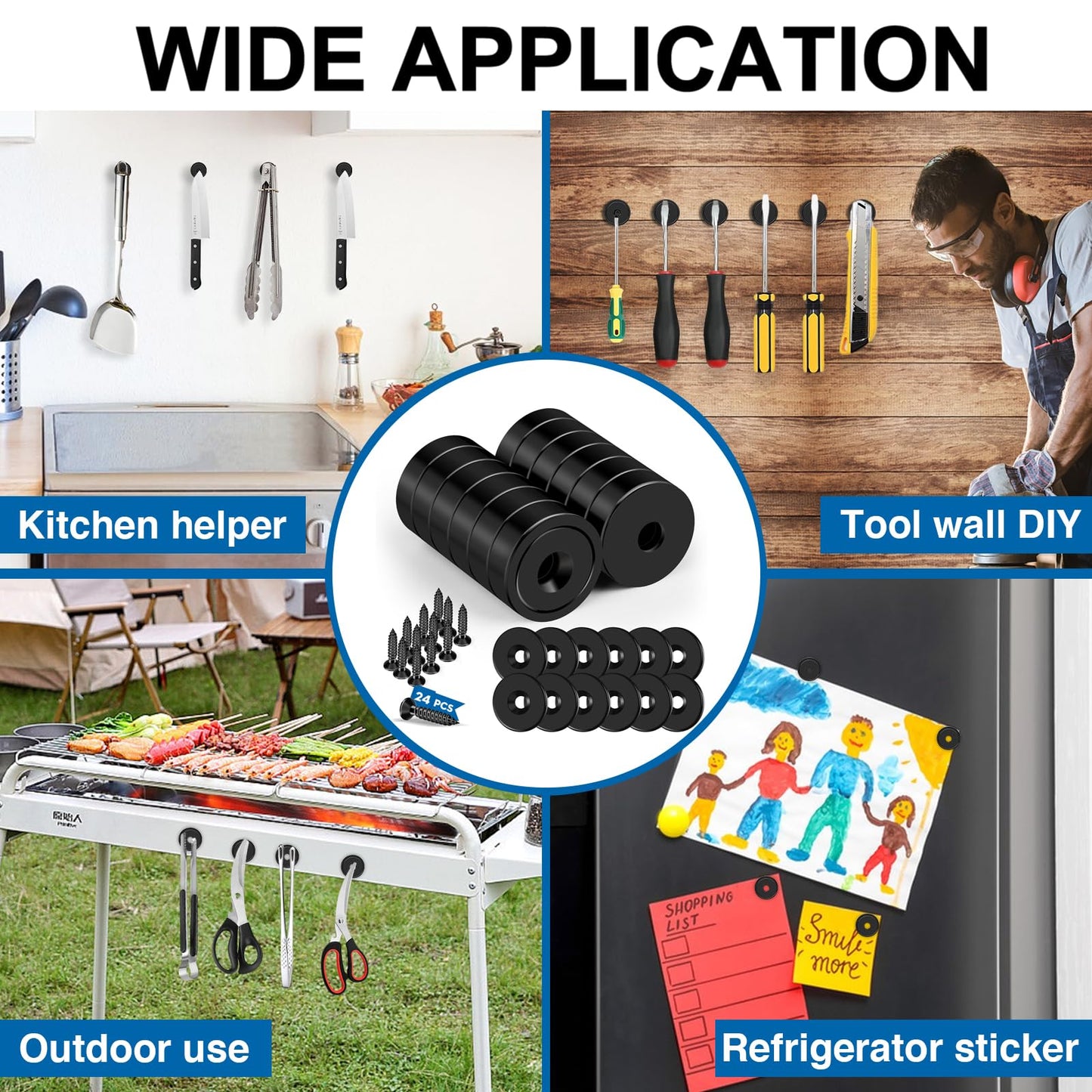 LOVIMAG Cabinet Magnets, 20lbs Rare Earth Magnets, 12Pack Strong Magnet with Holes and Iron Sheet,Neodymium Magnet with Screws for Holding Tools, Door, Magnetic Cabinet Locks-Black,0.63x0.19inch