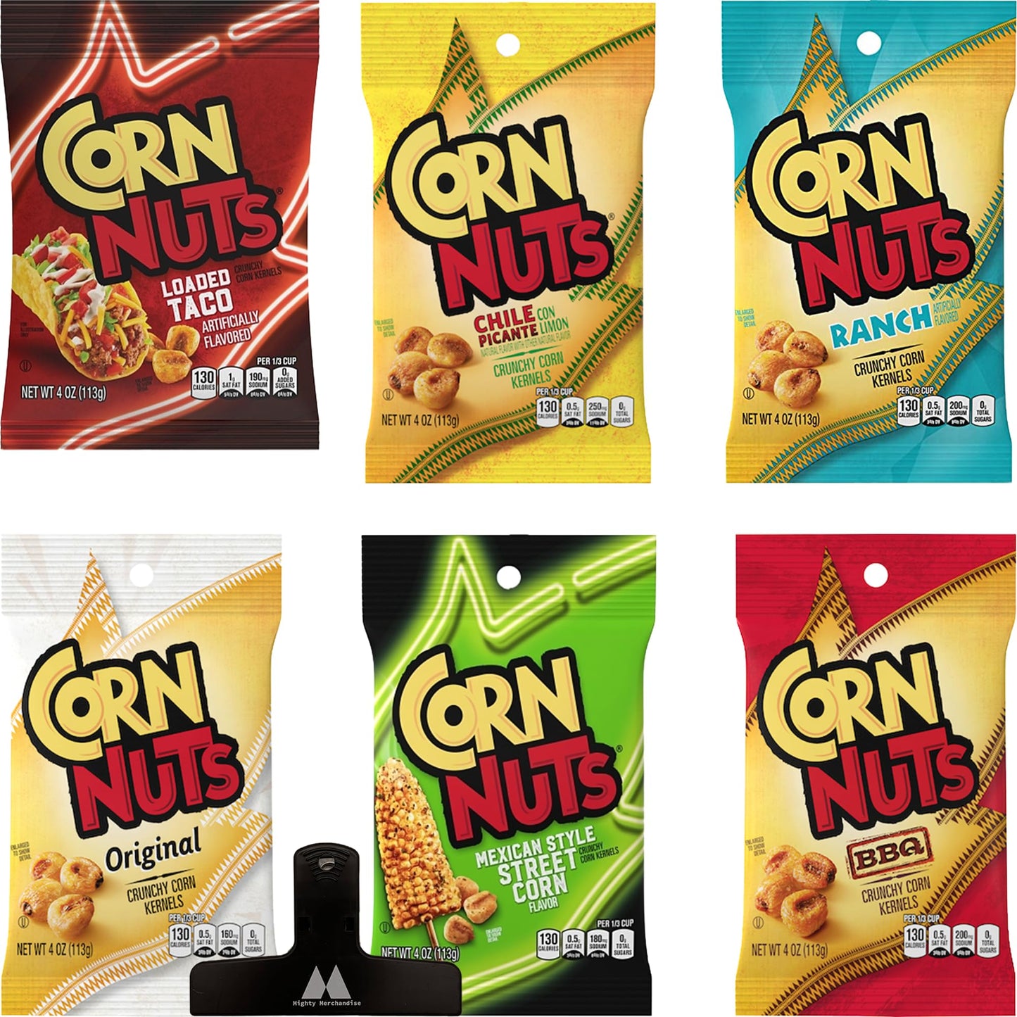 Corn Nuts Variety Pack | 4 oz Bags (Pack of 6) | Loaded Taco, Chile Picante, Ranch, Original, Mexican Street Corn, and BBQ | Bul