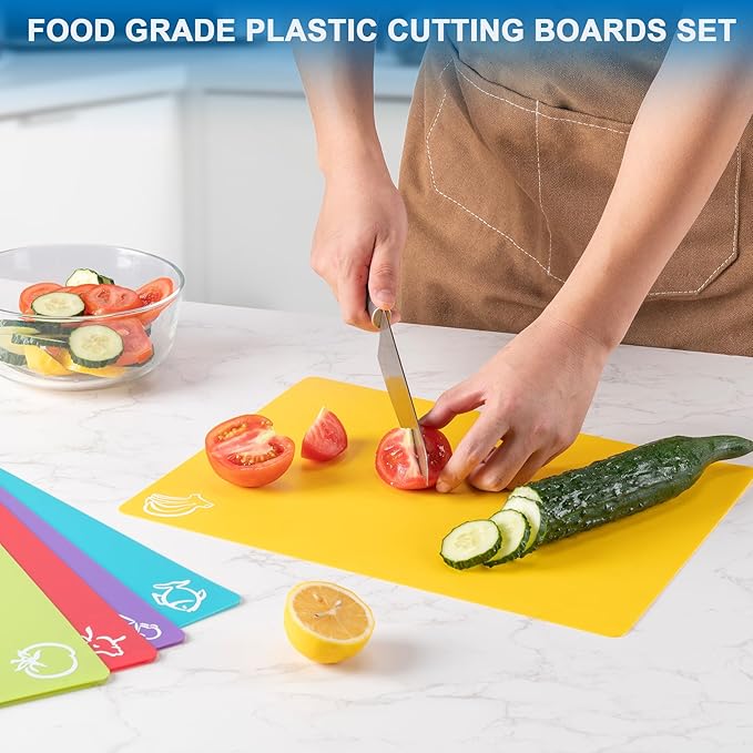 Flexible Cutting Boards with Hanging Hole, Food Icons - BPA Free, Non Slip for Meat & Veggies