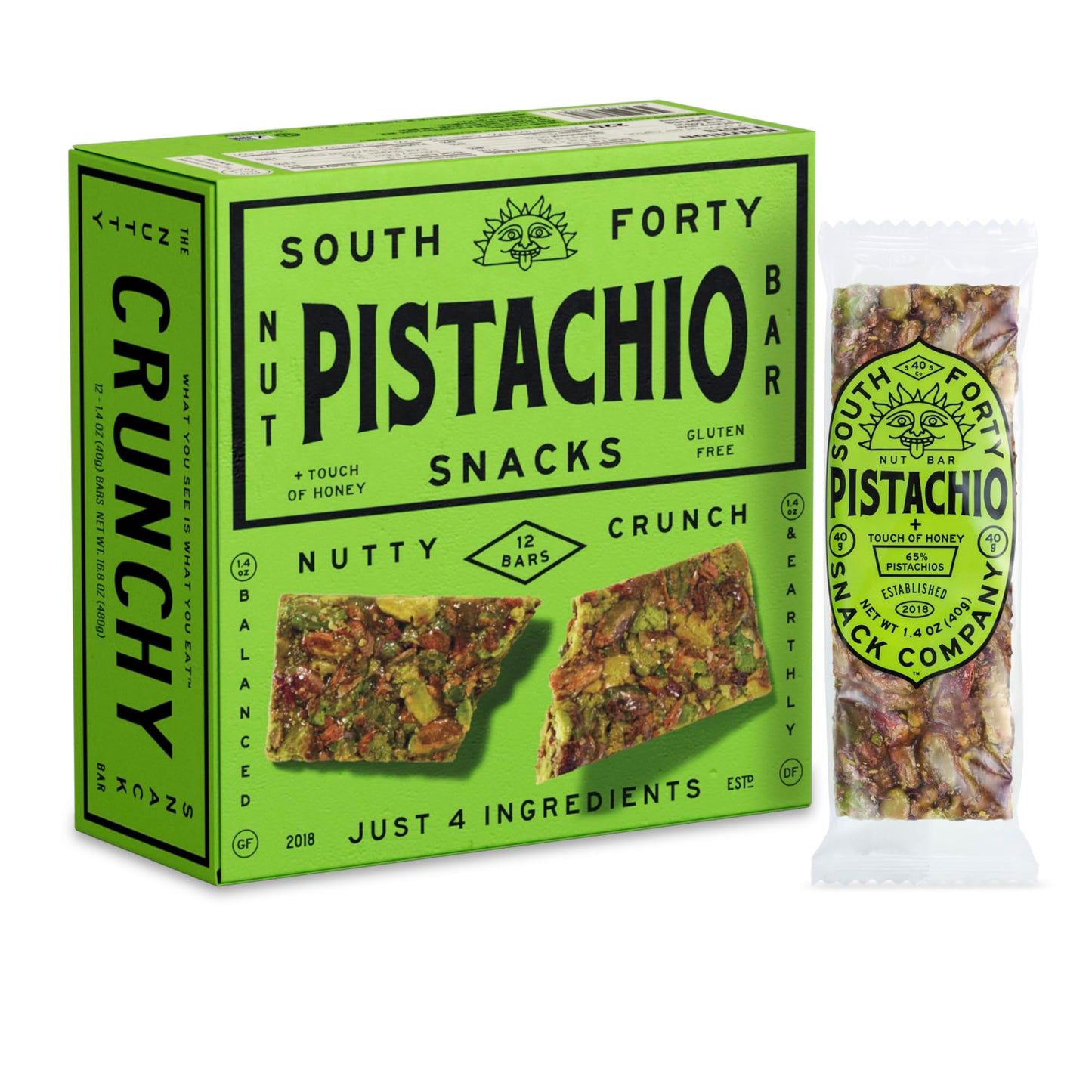 South 40 Snacks Crunchy Pistachio Bar Just 4 Ingredients Touch of Honey (40g Bar Pack of 12)