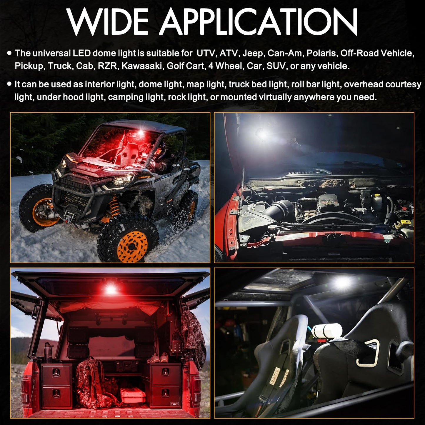 Utv Interior Dome Lights 12V Wired Rfroad Lighting Led Dome Lights Universal Roll Bar Mount Led Light Utility Roll Cage Light For Utv Atv Rzr Can-Am Truck Golf Cart Sxs Cab - White/Red 2 Pack
