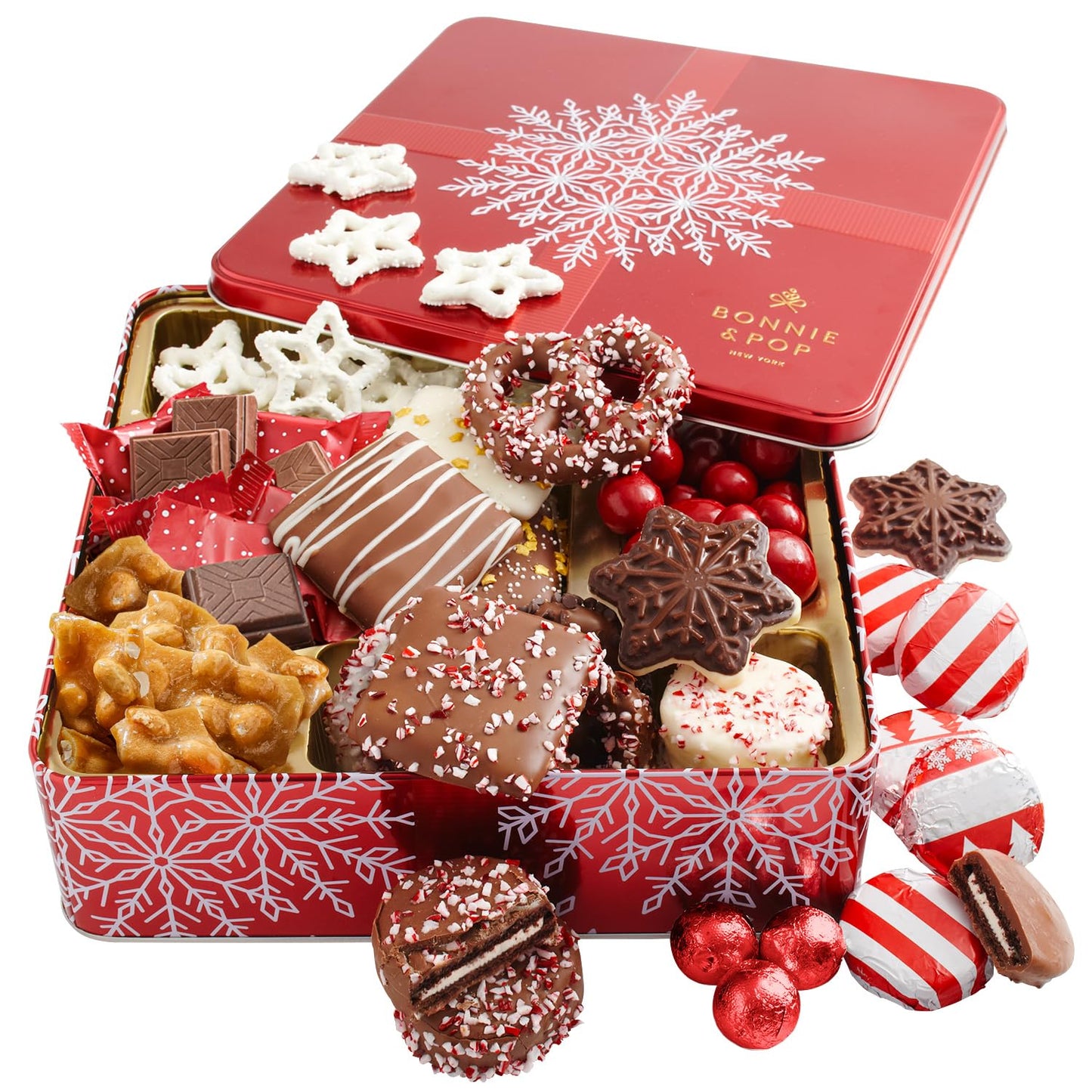 Bonnie and Pops Holiday Tin- with Assorted Christmas Chocolate Cookies Pretzels - Festive Corporate Family Gift Basket Idea for Men and Women (Extra Large)
