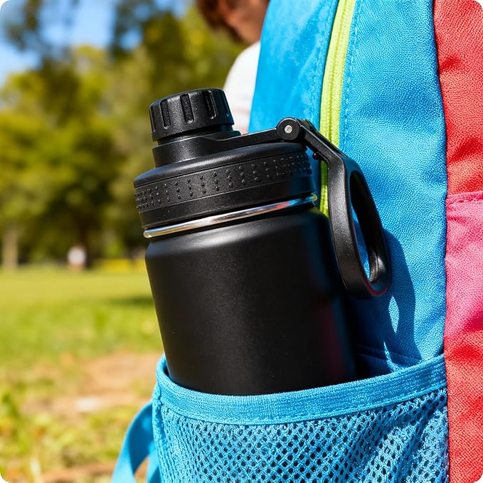 Kids Stainless Steel Water Bottle with Spout Lid-12 oz Vacuum Insulated Wide Mouth Sports Water Bottle for School, BPA Free (Black)