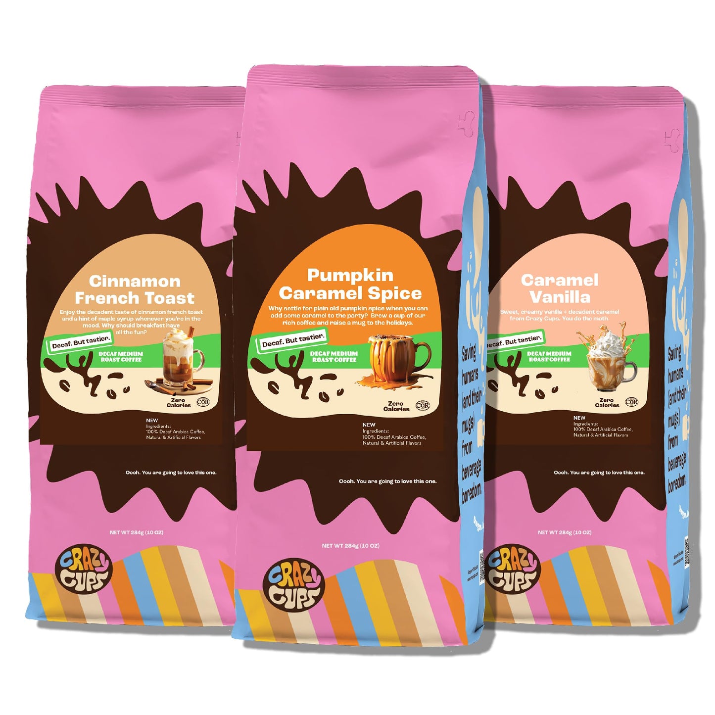 Crazy Cups Decaf Flavored Ground Coffee Variety Pack Includes Cinnamon French Toast Caramel Vanilla Pumpkin Caramel Spice