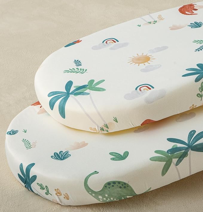 SDY Dinosaur Baby Bassinet Sheets Set 2 Pack for Boys Girls,Elastic Travel Crib Fashionable Floral Pattern, Standard Cradle Safe Sheets Set 32 * 16 * 4 inches (Dino)