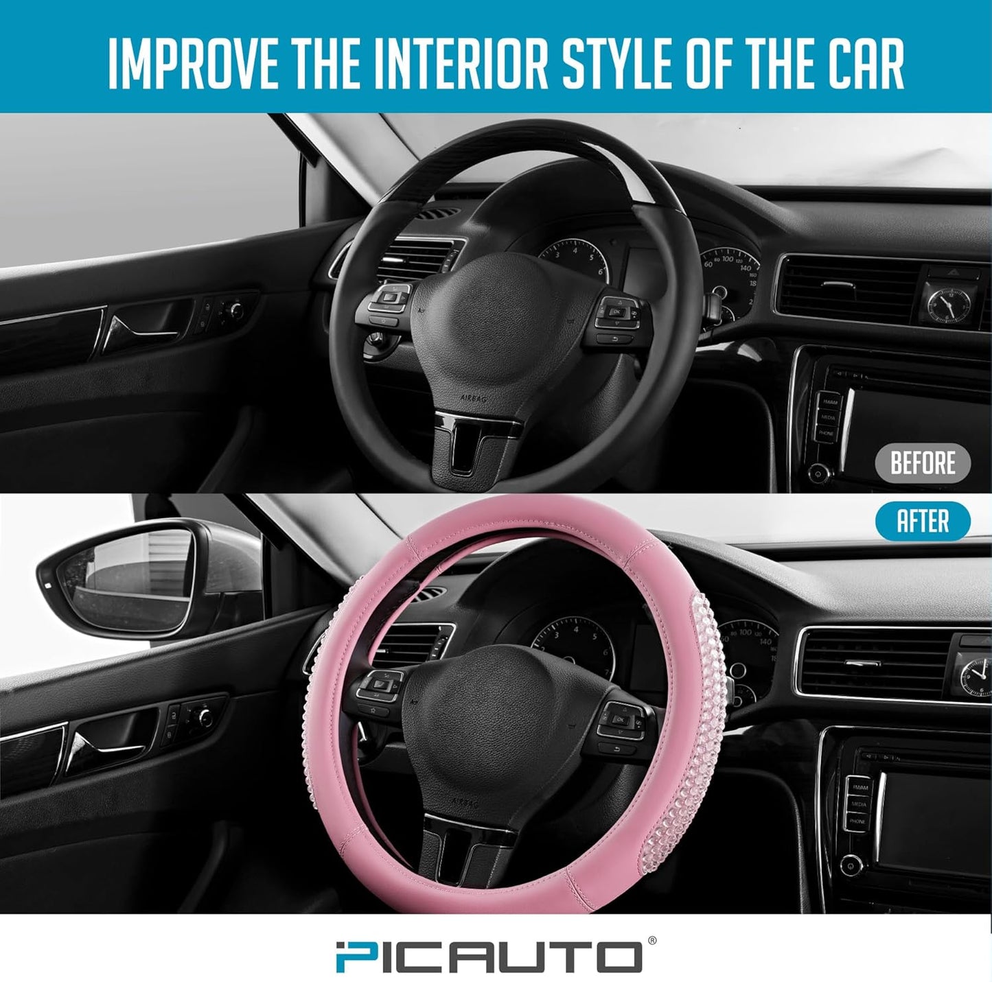 PIC AUTO Steering Wheel Cover, Glitter Gel Particles & Pink Luxury Leather Car Steering Cover, Universal Fit 14.5"-15.5" Anti-Slip Car Wheels Cover for Girls & Women
