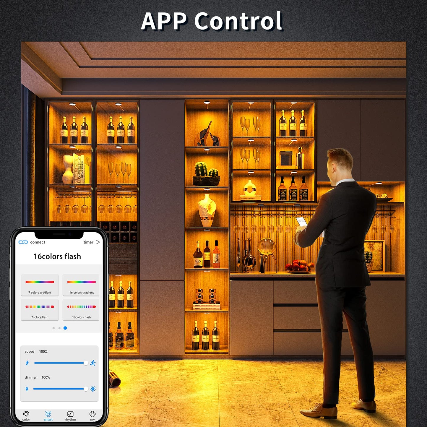 BASON LIGHTING RGB Under Cabinet LED Puck Lights, Bluetooth App Control, Dimmable, Glass, Model CS112