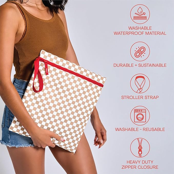 Bodysurf Wet Bags for Baby, Toddlers, Kids – 2 Pack Large Reusable Wetbag for Swimsuits, Diapers, Daycare, Gym, Laundry – Waterproof Diaper Bag Accessory & Baby Travel Essentials (Checkered, Tan)