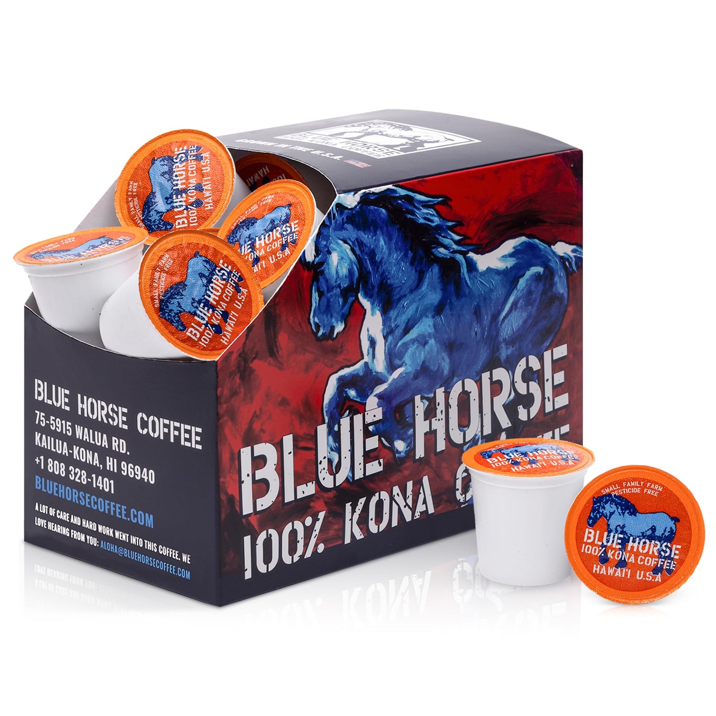 Blue Horse 100% Kona Coffee Pods, Medium Roast, 20ct Single Serve, Compatible with K Cups 2.0, Farm Fresh, Authentic Arabica Bea