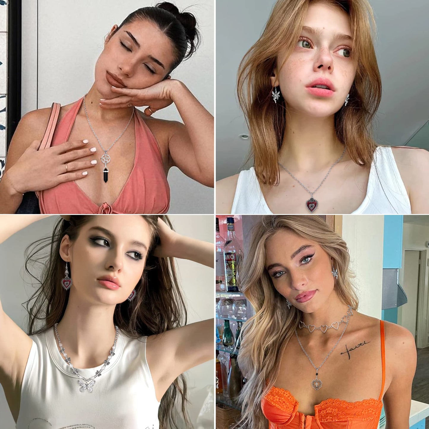 Subiceto 33Pcs Grunge Vintage Punk Necklace Jewelry Set Gothic Earrings Fairy Butterfly Boho Crystal Y2k Cross Pendent Butterfly Heart Choker Goth Stackable Knuckle Rings Adjustable