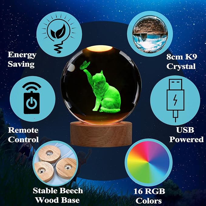 Cat Night Light, Cat Themed Gifts for Girls, K9 3.15 Inch(80mm) Crystal Ball Night Light with 16 Colors Remote Upgraded Lamp for Birthday Xmas Cool Figurines Sympathy Gifts for Room Decor Girls