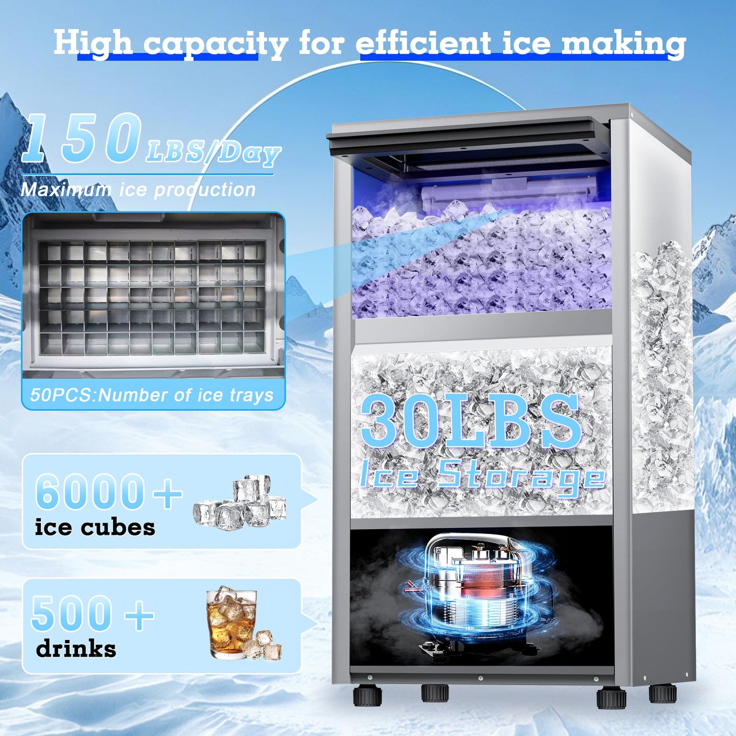 Ice Maker Commercial Ice Maker Machine 150lbs/24H with 30lbs Storage, Stainless Steel Undercounter/Freestanding Ice Machine 50Ice/Cycle 2 Water Inlet Modes Self-Cleaning for Homes Restaurants Bars