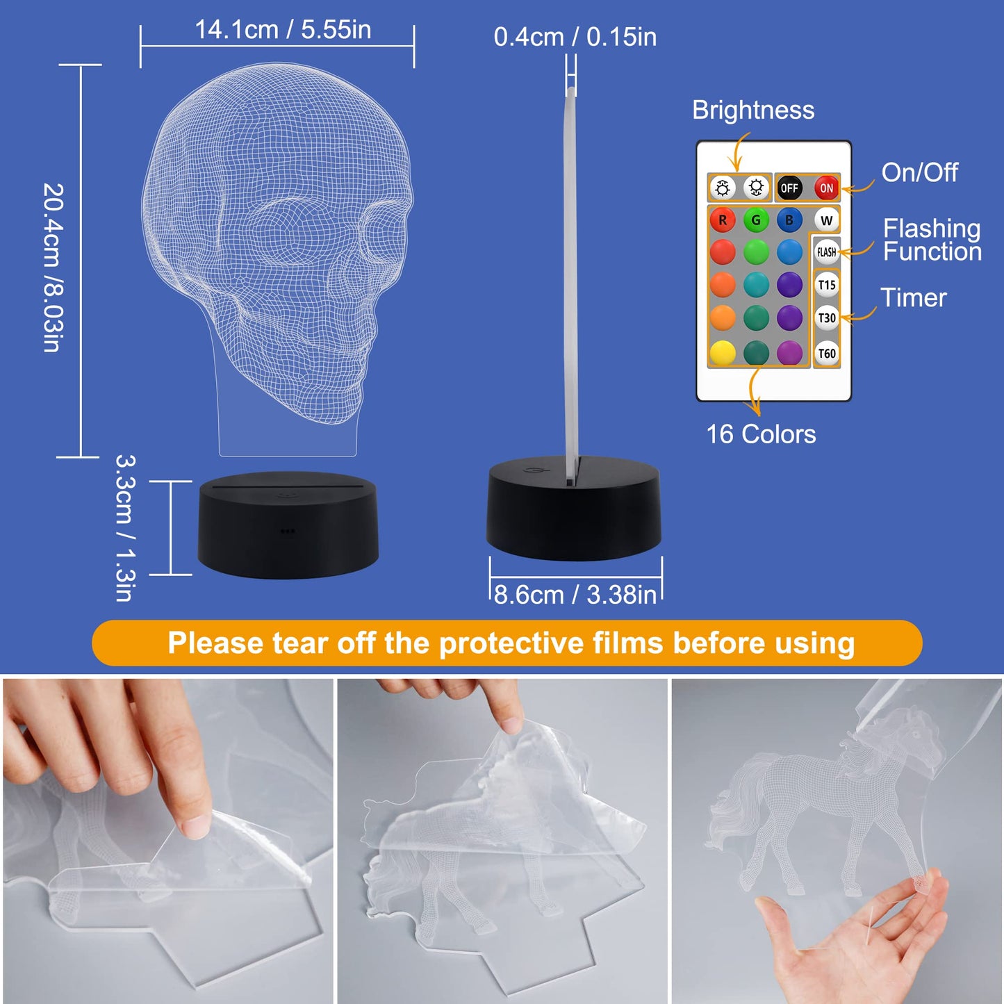 Fullosun Skull 3D Lamp Optical Illusion Night Light Death Model Holiday Gift For Holloween Ghost Festival Men Room Night Light With Remote Control 16 Colors Changing