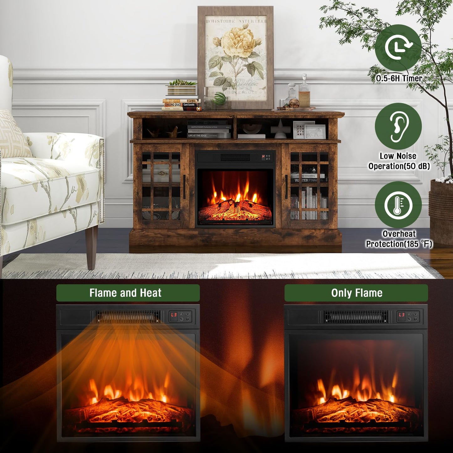 Simoe Fireplace Tv Stand For 55 Tv, 48 Inch Stand With 18 Inch Electric Fireplace Heater, Mondern Console W/Cabinets & Doors, 6H