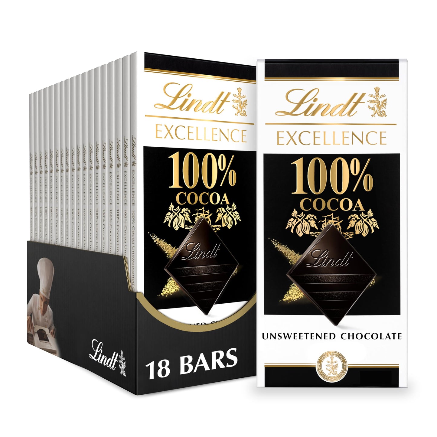 Lindt EXCELLENCE 100% Cocoa Dark Chocolate Bar, 1.7 oz, Pack of 18 - Ideal Mother’s Day Gift