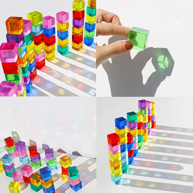 Candywood Rainbow Acrylic Gem Cubes Blocks Children Educational Sensory Training Crystal Toys Baby Learn Color Light Shadow Stacking Toys (30-Pcs)