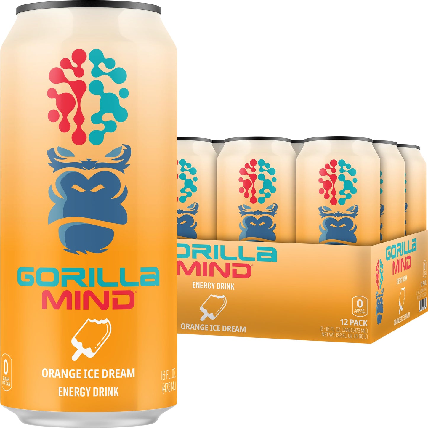 Gorilla Mind Energy Drink | Unmatched Energy Amplified Focus | N-Acetyl-L-Tyrosine Alpha-GPC 200mg Caffeine Uridine Saffron | 0 Sugar Or Artificial Colors | 16oz 12-Pack (Orange Ice Dream)