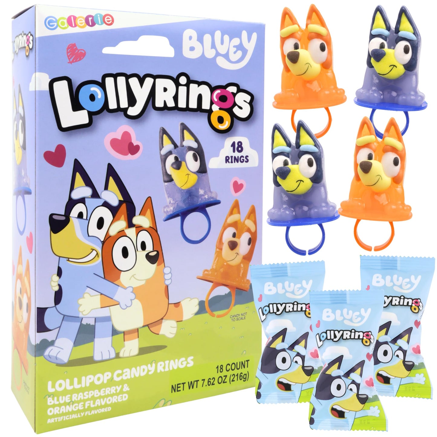 Galerie Bluey Lollipop Rings Orange and Blue Raspberry Flavored Individually Wrapped Party Favor Candy Box of 18