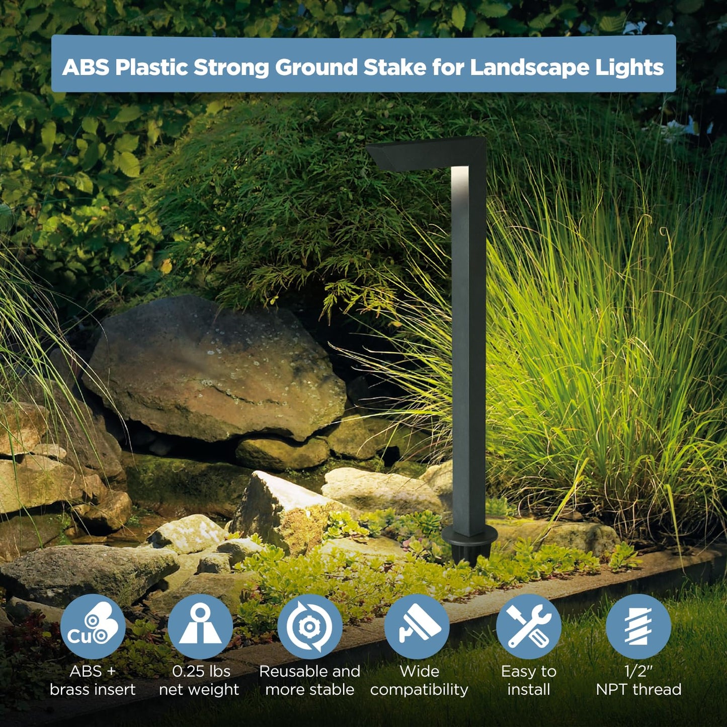 Gardencoin ABS Ground Spikes Stakes Replacement with Brass Insert, 1/2" NPT Thread Side Wire Way, Larger Size 9.44'' x 2.95'' for Landscape Path Lighting, Spotlight, Floodlight, 10 Pack