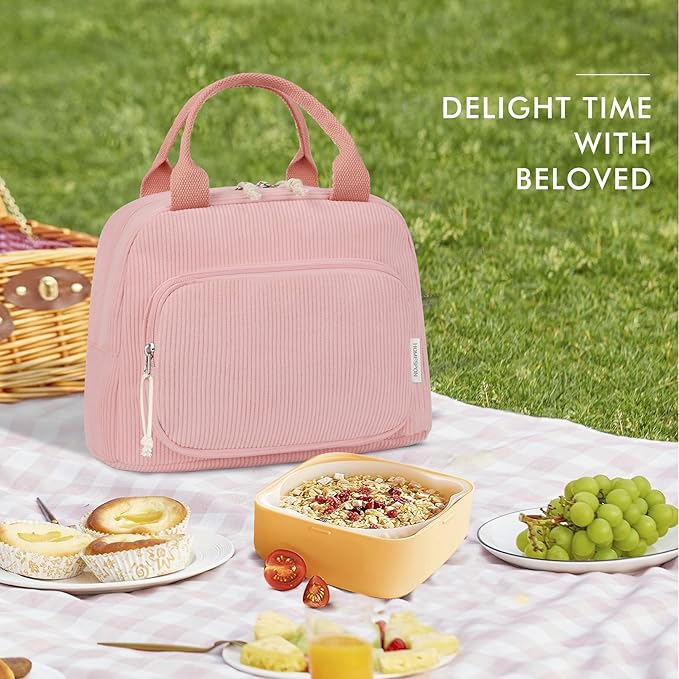 HOMESPON Lunch Bag for Women Men Adults with Front Pocket Cute Corduroy Insulated Lunch Tote Large Capacity Lunch Box Cooler Container for Work Picnic or Travel (Pink)