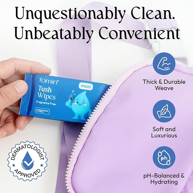 Fomin Mini Flushable Tush Wipes 30 Pack (10 Count) - Fragrance Free Travel Wet Wipes for Women - pH Balanced, Biodegradable Cleansing Wipes - Hypoallergenic, Plant-Based Tush wipes for Adults and Kids