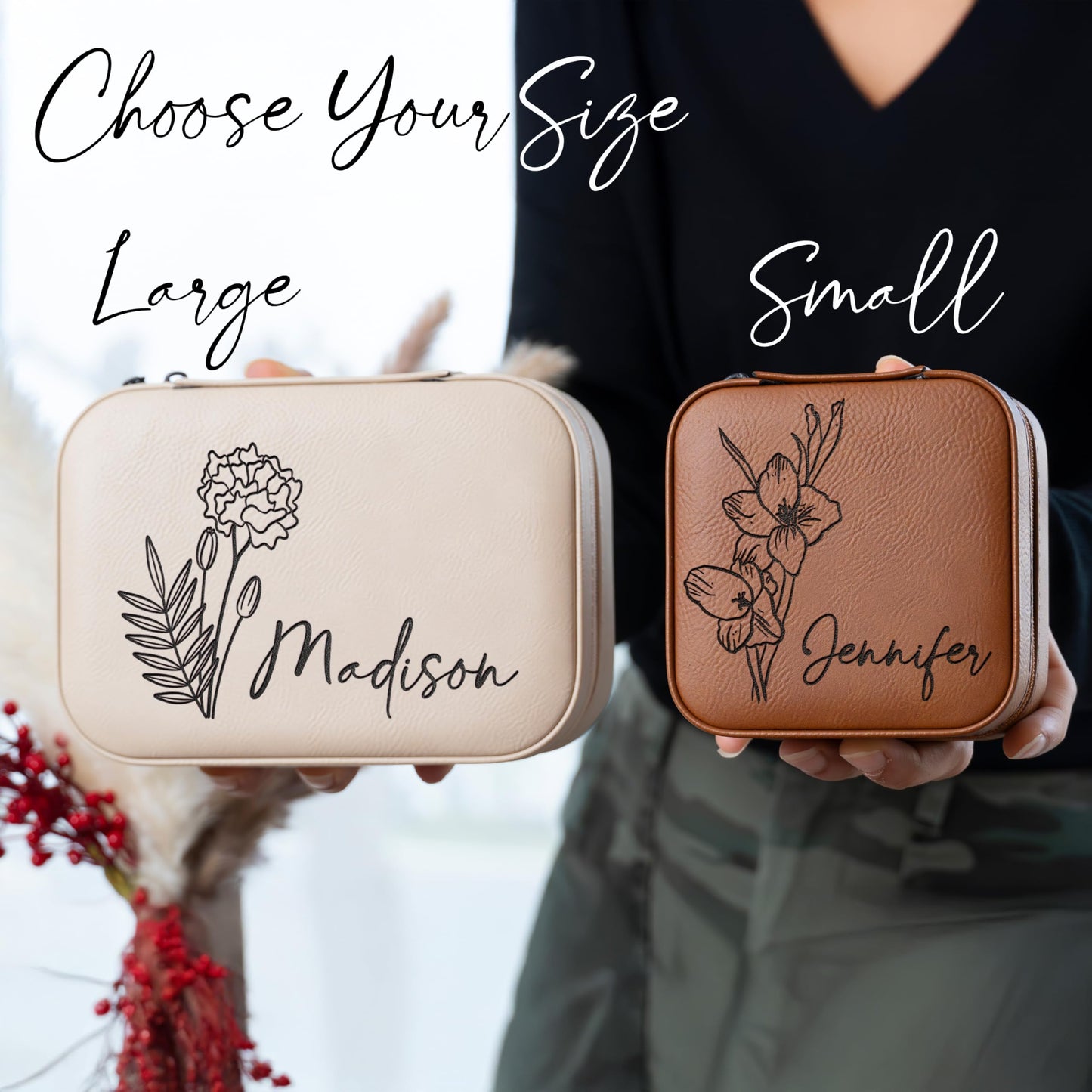 Custom Leather Customized Jewelry Organizer Box w/Name & Birth Flower Month - Birthday Gifts for Women, Mom Personalized Jewelry
