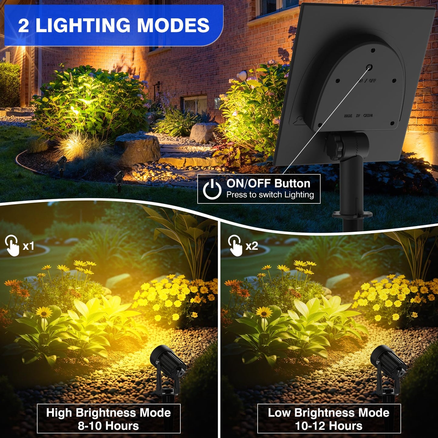 T-SUNUS Solar Landscape Spotlights, 2W Warm White, IP65 Waterproof, 9.8ft Cable, Aluminum, Model TS-S4202, Yellow, 2-IN-1