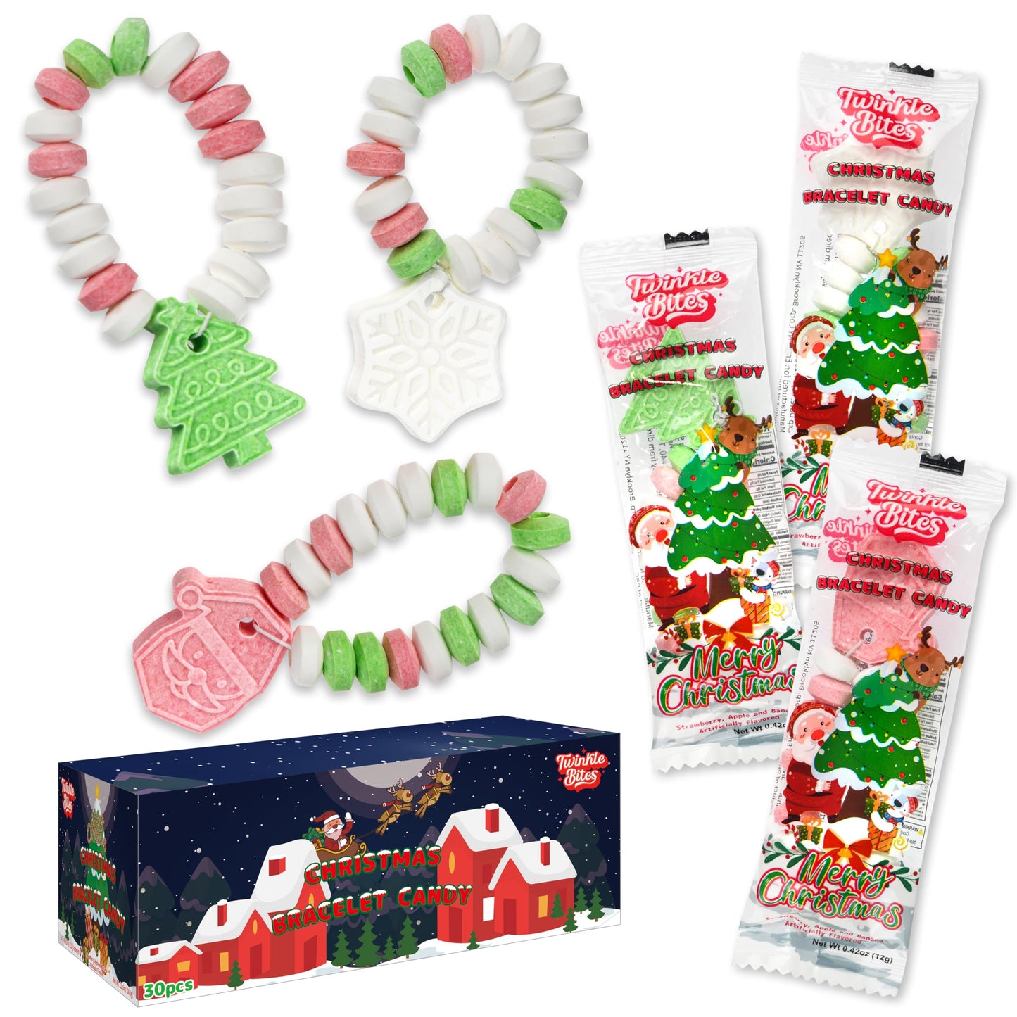 30 Pack Christmas Candy Bracelets - Individually Wrapped Holiday Themed Designs & Delicious Flavor -Bulk Christmas Candy Use For Stocking Stuffers Party Favor Classroom & Office