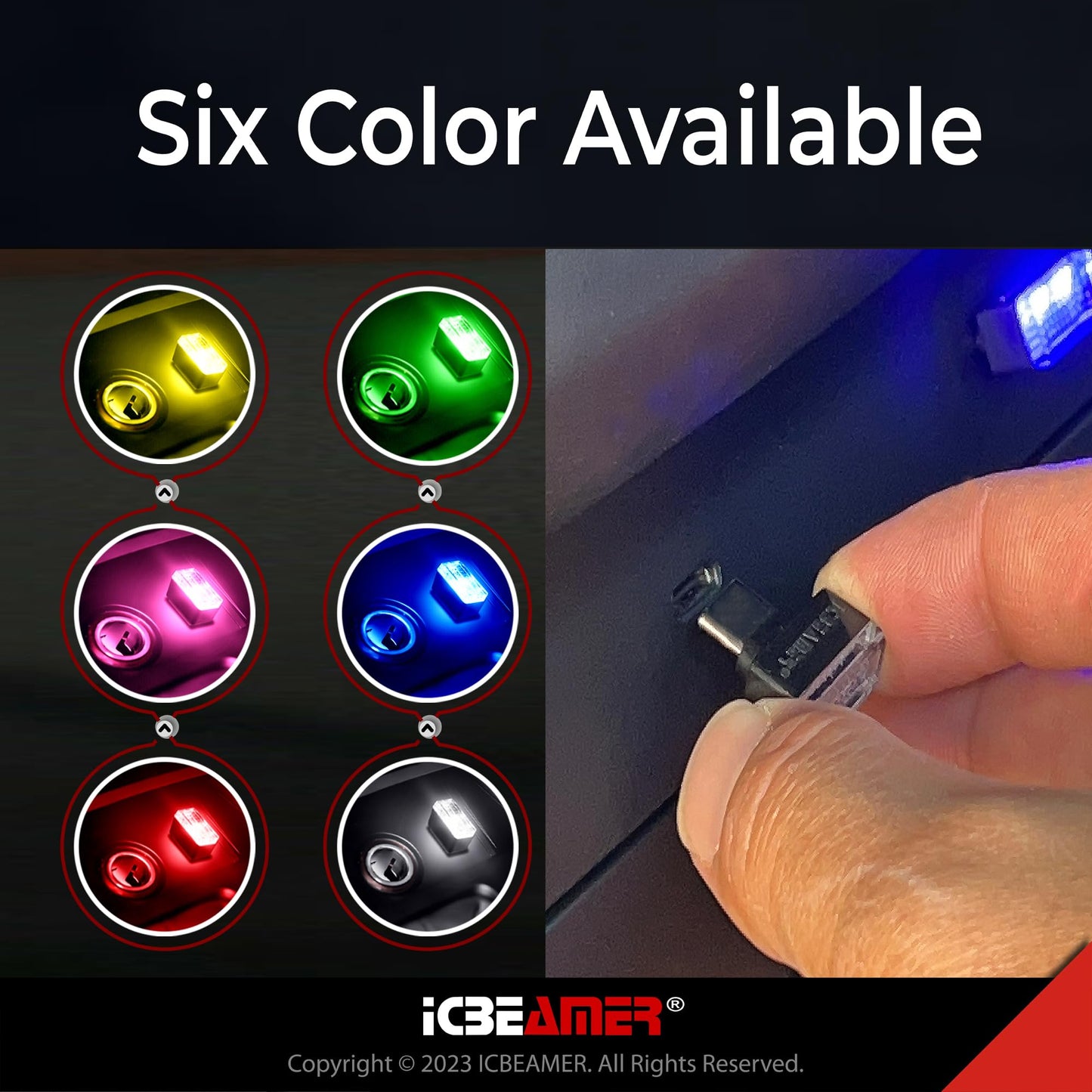 ICBEAMER Type C Adapter Miniature Night Light USB Car Interior Trunk Ambient Blue Model TYPE-C-BL-AMA