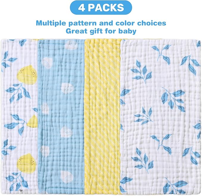 Viviland Baby Muslin Burp Cloths, Super Absorbent Washcloths for Baby Girl and Boy, 10 x 20 inches 6-Layer Baby Bath Towels, Lemon & Leaves 4 Pack