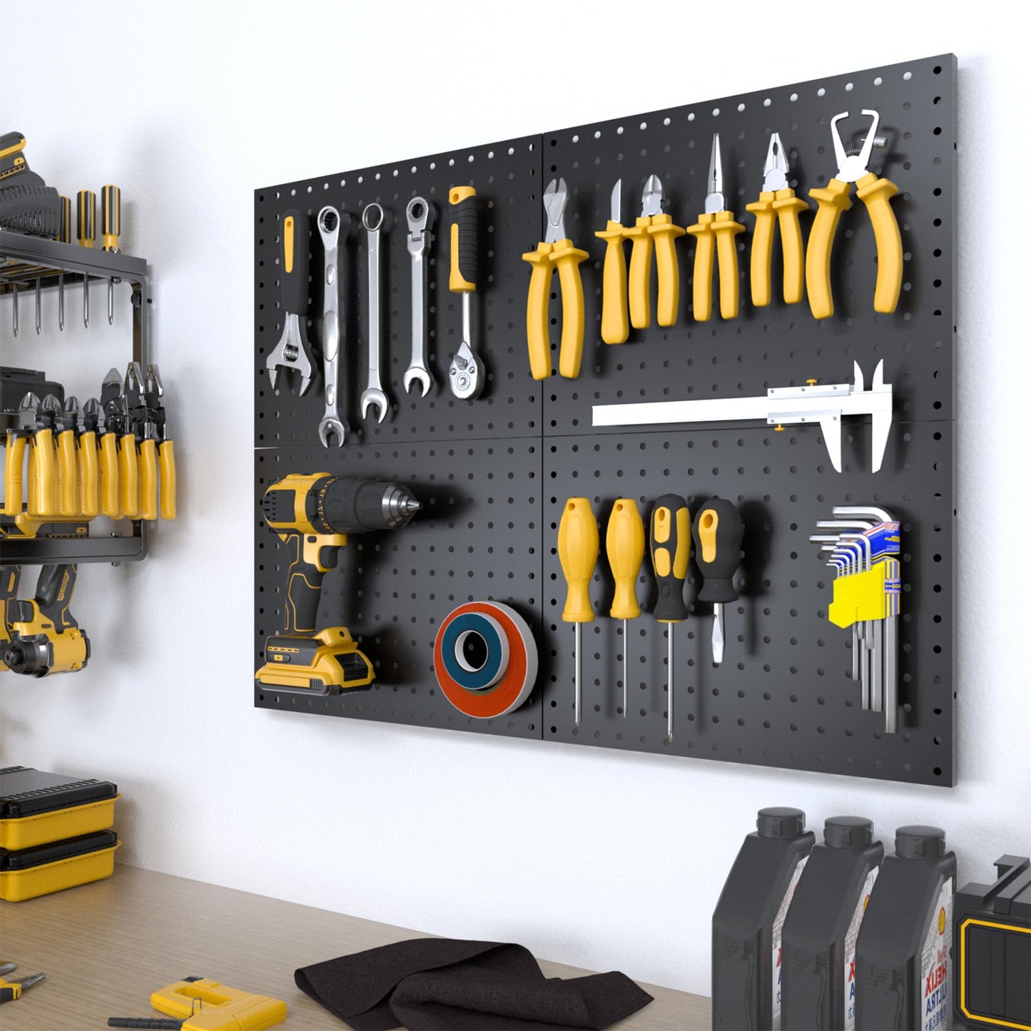 Spampur Peg Board, 4 Pack Metal Pegboard Panels Black Pegboards Wall Organizer, Tools Pegboard Storage System for Workbench, Garage Tool Storage, Office Organization, Wall Home, Craft Room