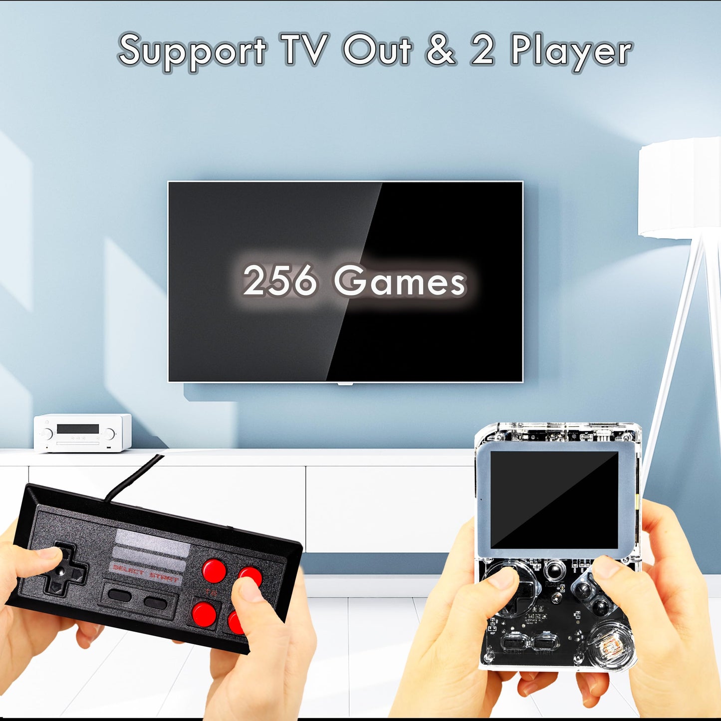 Retro Handheld Game, 3 Inch LCD Screen Portable Video Game Console with 256 Classic Games, 800 mAh Rechargeable Battery Support for Connecting TV and Two Players (Transparent White )