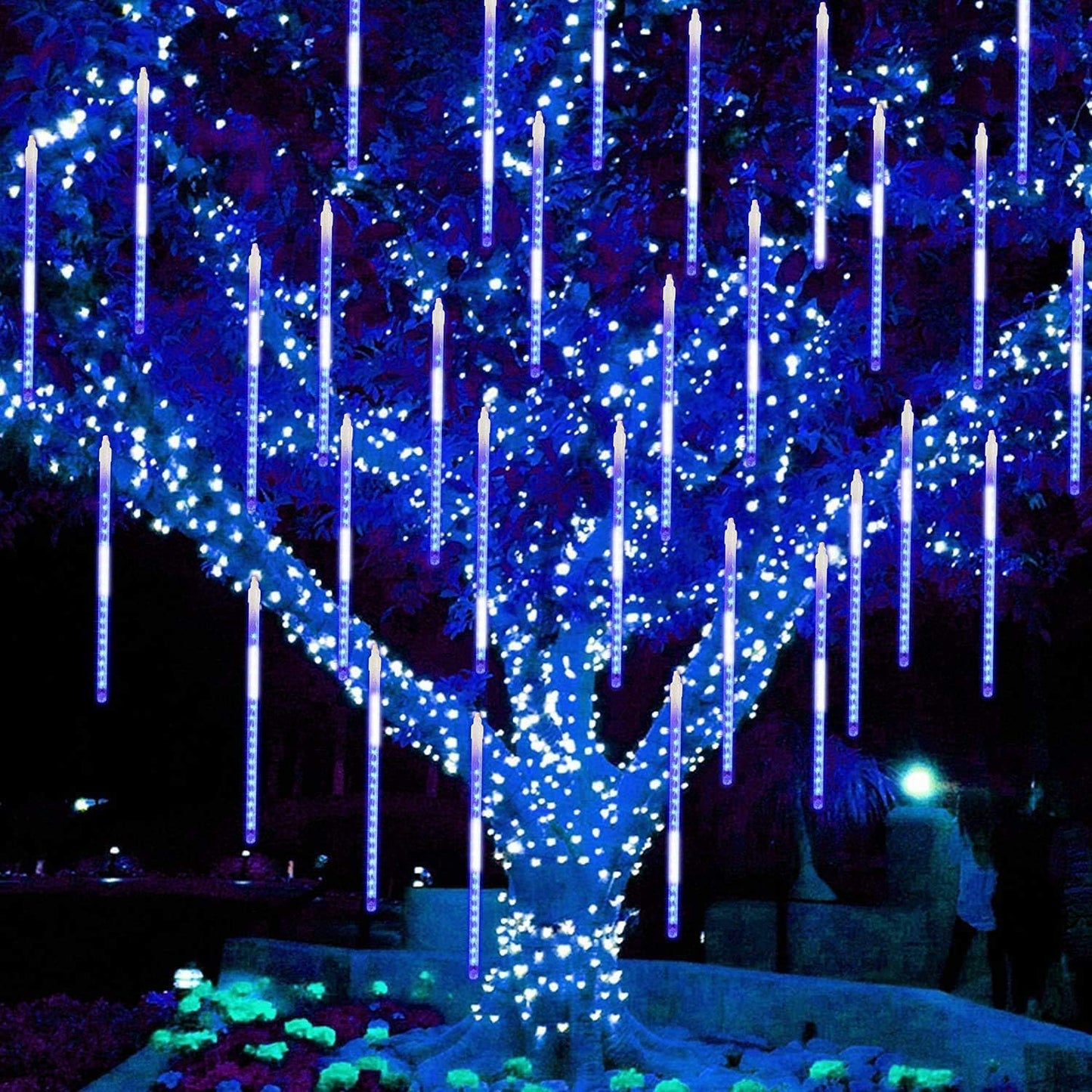 EXF Solar Meteor Shower Lights, 16 Tubes 384LED, Waterproof Icicle String Light, 1 Pack, Blue, Model MSL-01