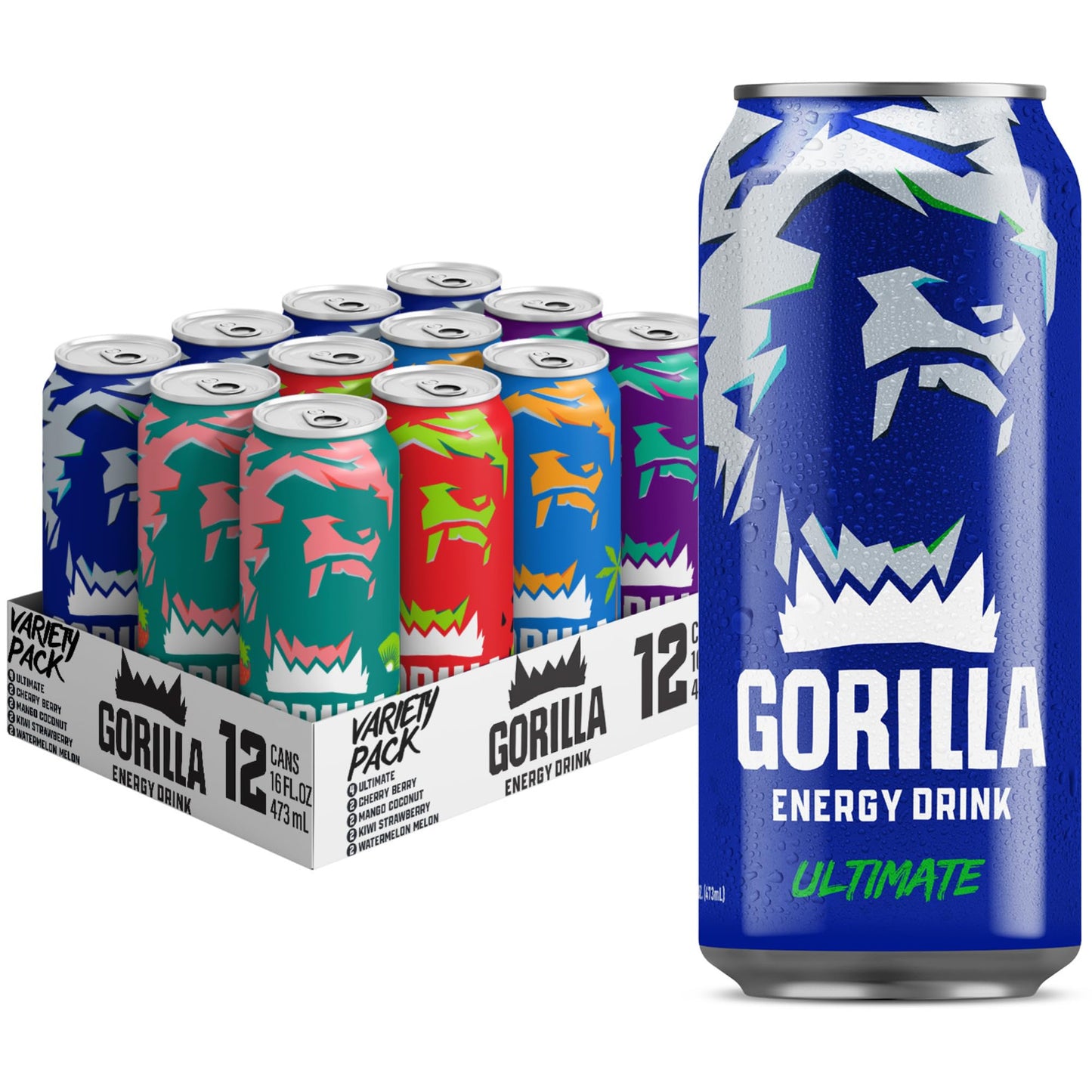 Gorilla Energy Drink Variety Pack 200mg Natural Caffeine Real Fruit Juice Squeezed & Concentrated L-Theanine Taurine Ginseng Acetyl L-Carnitine No Added Sugar and No Artificial Colors 12 Pack