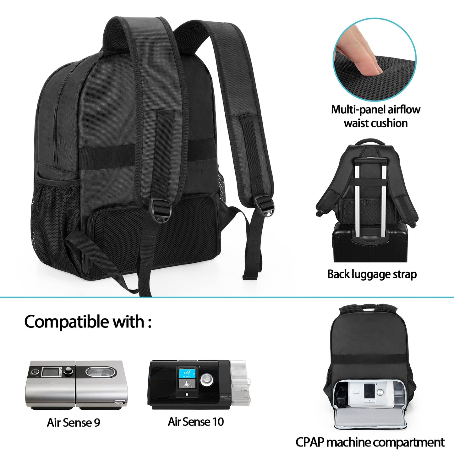 CURMIO CPAP Backpack Compatible with ResMed Air Sense 11, Air Sense 10, Air Sense 9, CPAP Travel Bag with Luggage Strap Compatible with Philips CPAP Machine and Accessories, Black (Patent Design)