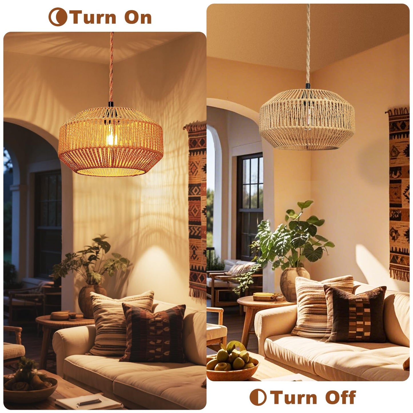 Maliralt Rattan Pendant Light Fixture, 11.8 Inch Pumpkin Shade, Brown, Model 1006, Plug-In with On/Off Switch for Bedroom Living