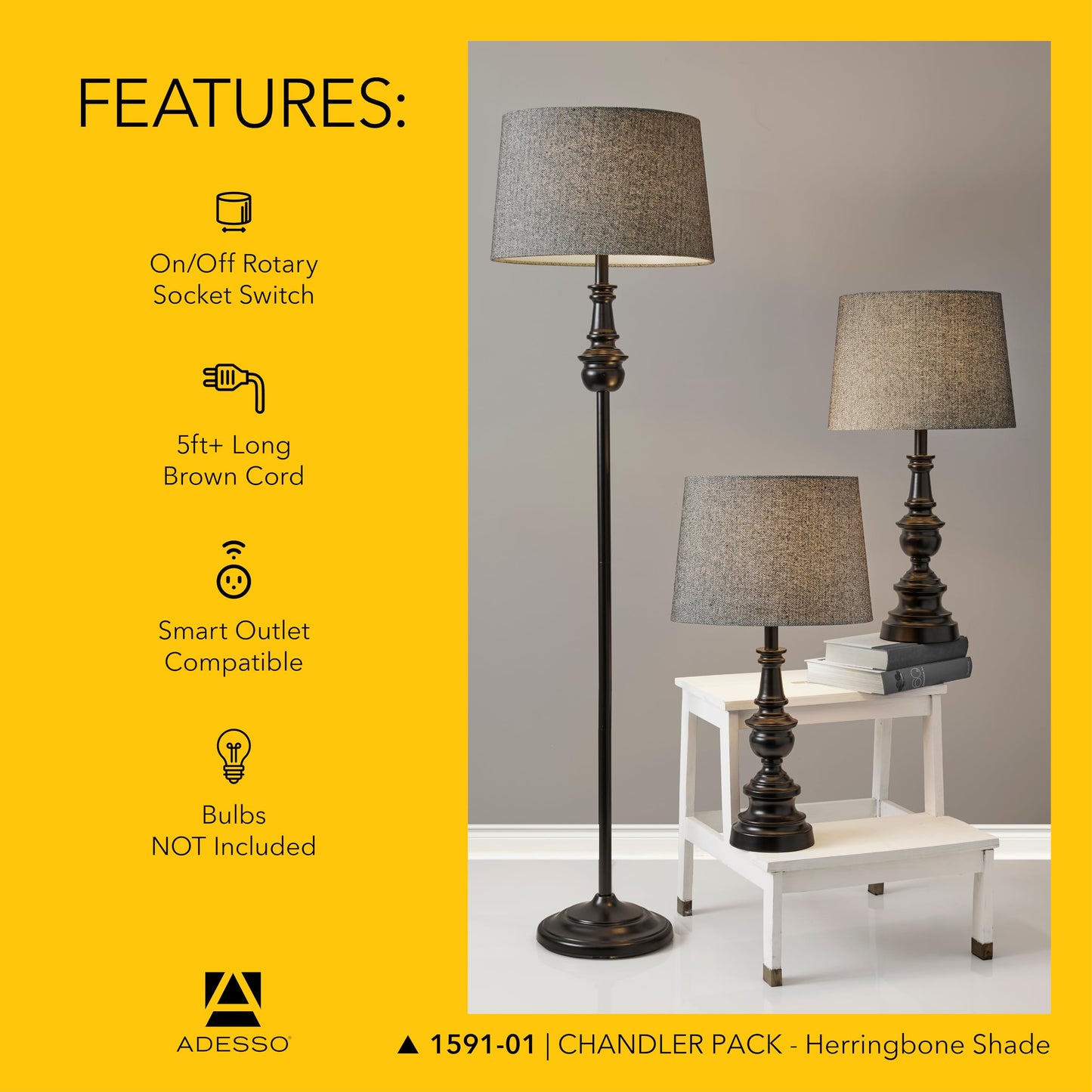 Adesso 3-Piece Lamp Set - Two Table Lamps & One Floor Lamp, Bronze Base, Dark Herringbone Shade, Model 1591-01, Gray