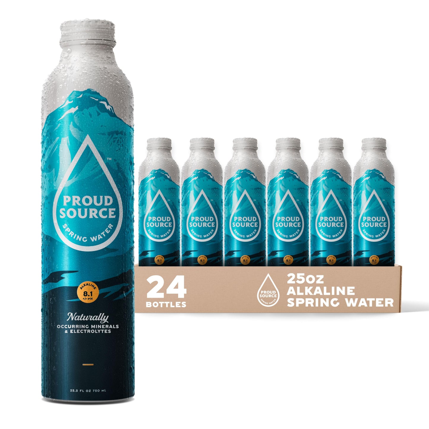Proud Source Alkaline Spring Water - Rocky Mountain Sourced Mineral Water with Electrolytes BPA-Free Infinitely Recyclable Aluminum Bottles Unflavored 25 Fl Oz (Pack of 24)