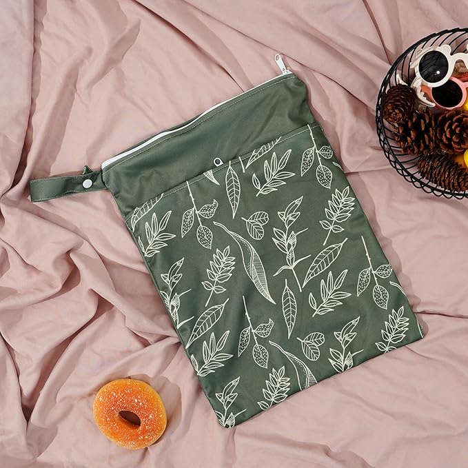 2pcs Wet Bags Waterproof Reusable Wet Dry Bag with Two Zippered Pockets Travel Beach Pool Daycare Yoga Gym Bag for Baby Cloth Diaper,Swimsuits,Wet Clothes (Leaves & Grids)