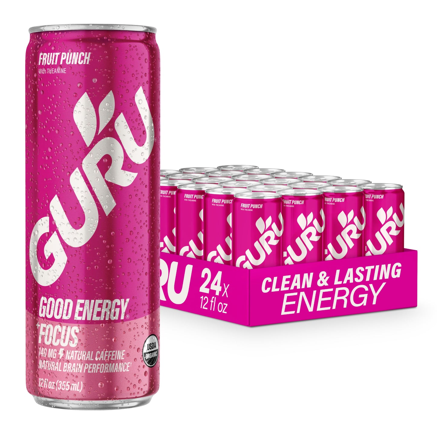 GURU Fruit Punch Organic Energy Drinks Clean Energy Drink with Plant Based Natural Caffeine from Green Tea + Focus with L Theanine Gluten Free and Vegan 140MG Caffeine 12oz (Pack of 24)