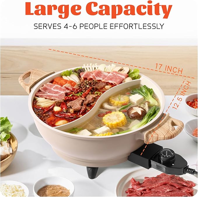 TWIN™ Electric Hot Pot with Divider | PFAS-Free Ceramic Nonstick Pot | EvenHeat Cast Aluminum Body | 1500W Fast Heating | Dual-Flavor Shabu Shabu Pots for Family Use | 1-Yr Warranty