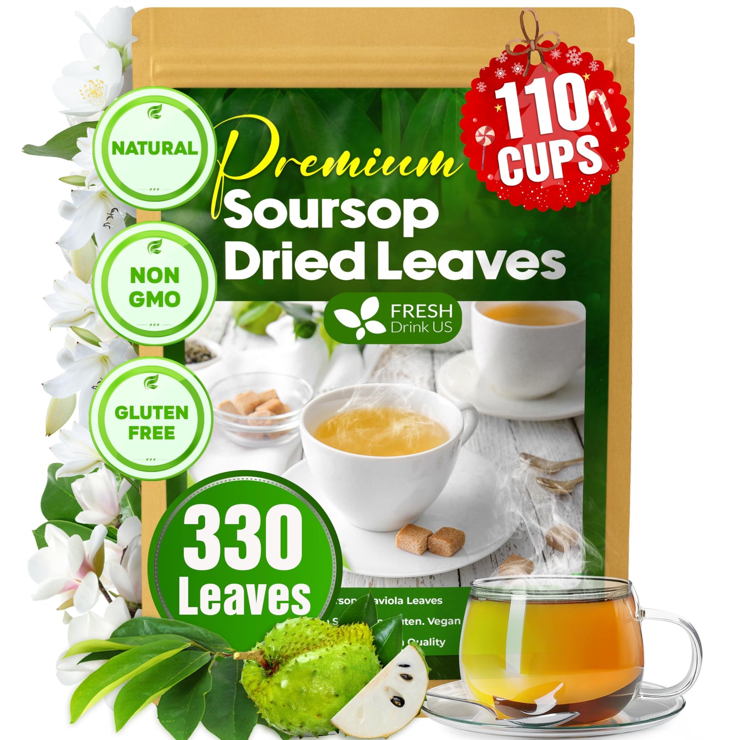 FreshDrinkUS 330-350 enhanced Soursop Dried Leaves Tea 115 Cups Hojas De Guanabana Whole Leaves Wildcrafted Graviola Soursop Guanabana Tea Loose Leaf Herbal Tea Gluten/Sugar/Caffeine Free