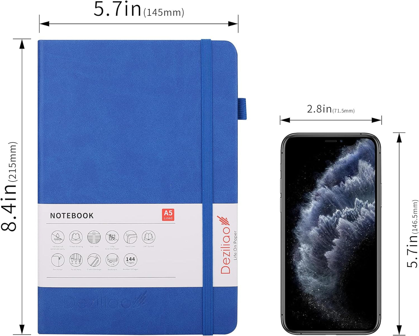 Deziliao Lined Journal Notebooks with Pen Loop, Hardcover Notebook Journal for Work, 100Gsm Premium Thick Paper with Inner Pocket, Medium 5.7"x8.4", (Blue, Ruled)