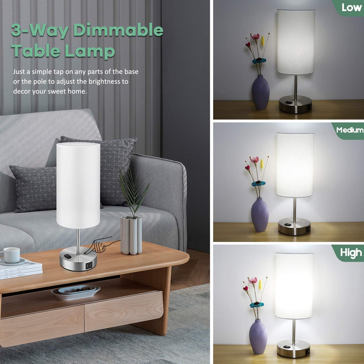 Brightever Touch Control Table Lamps, 3-Way Dimmable, 2 USB Ports & AC Outlet, 2 Packs, White, Model ST0001-WH
