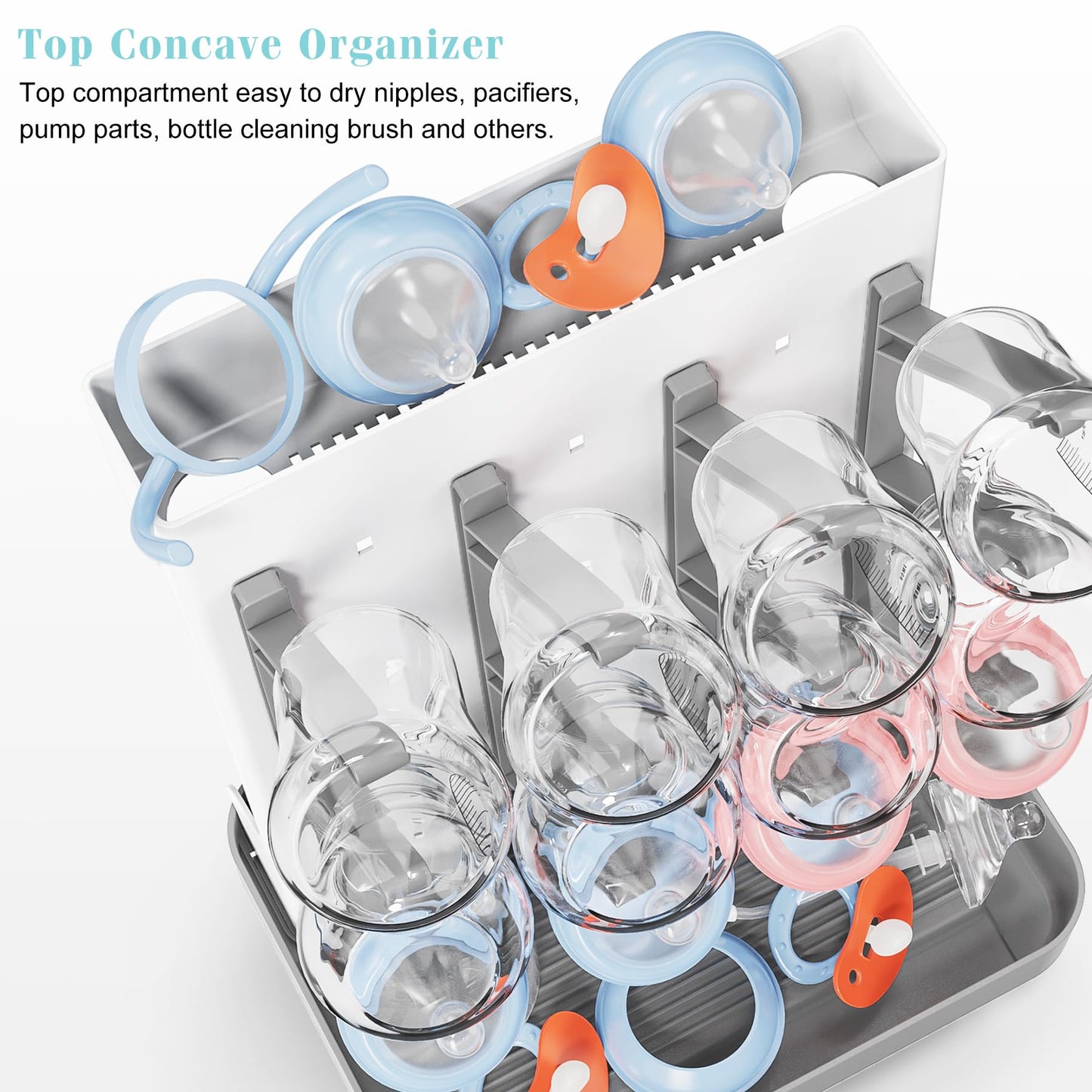Baby Bottle Drying Rack, Vertical Bottle Dryer Holder Space Saving Standing Bottle Drying Rack for Countertop Kitchen Organize Bottles & Baby Accessories Brushes Pacifiers and Pump Part (Grey)