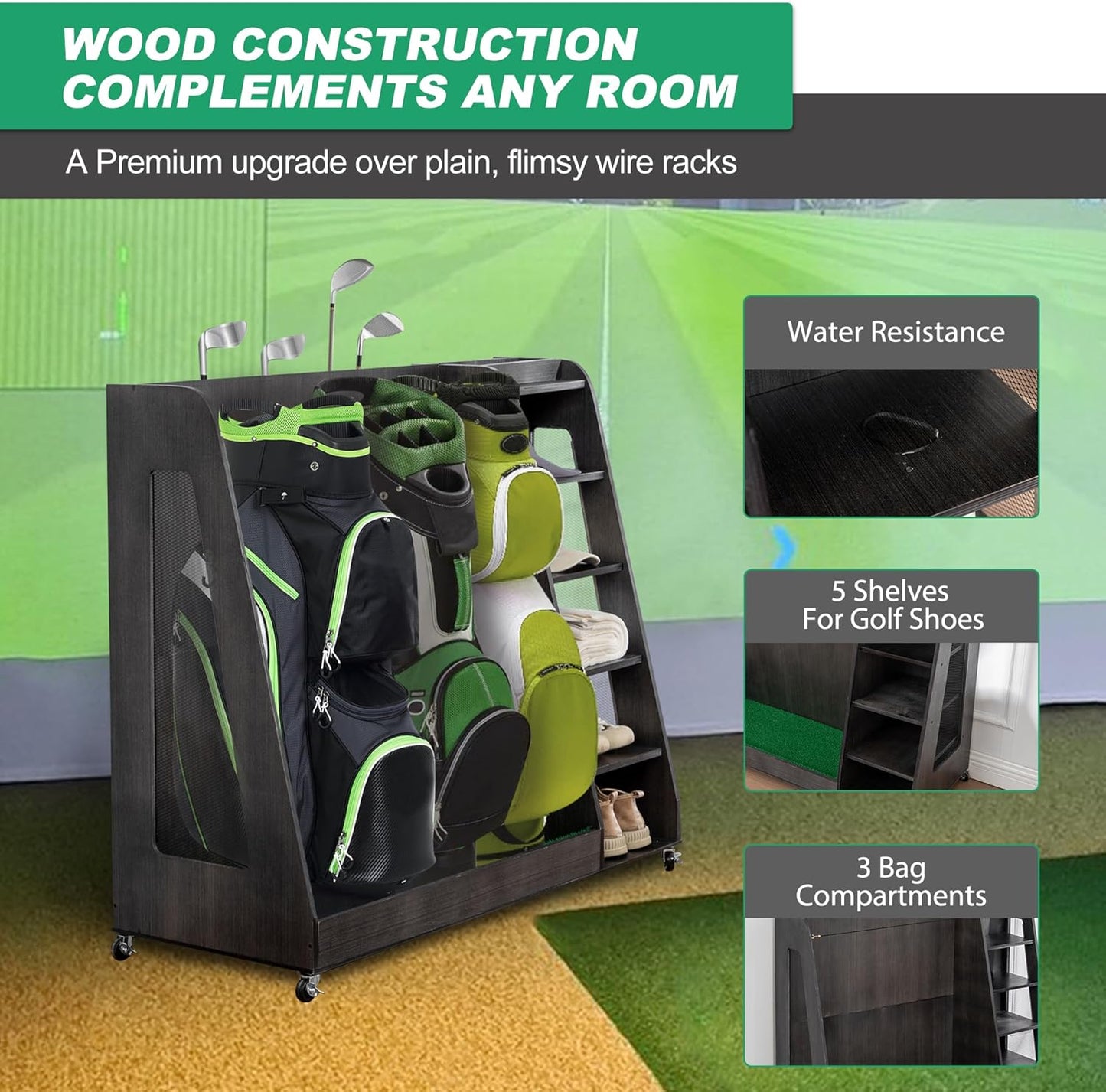 Golf Bag Organizer Storage Rack Stand Holder Fits 2 Extra Large Golf Club Bags and Multiple Golfing Equipment Accessories for Garage Home Simulator and Office